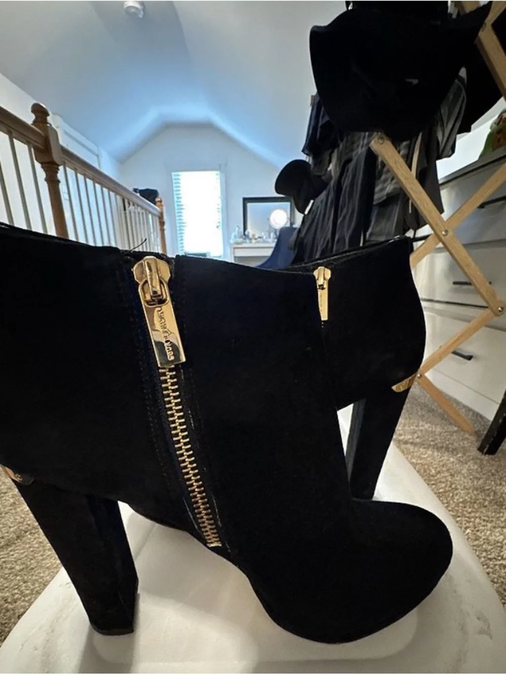 Michael Kors Black Suede Ankle Booties with Gold Zipper